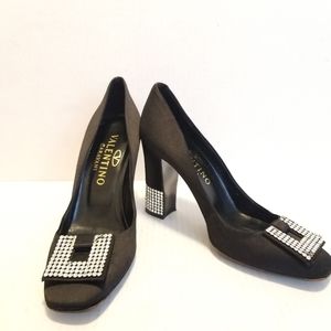 Black Satin Valentine Caravani block heels.